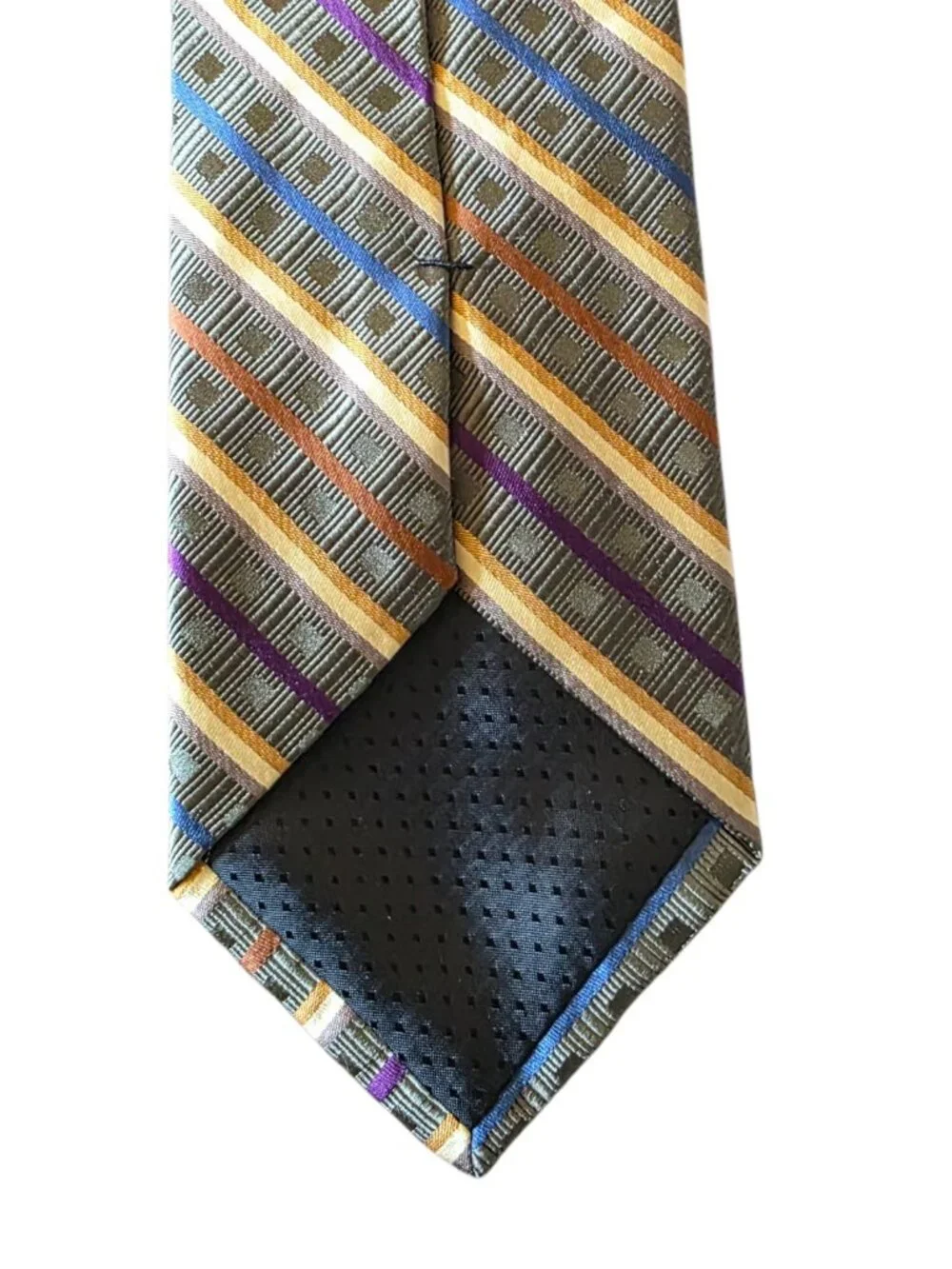 Rooster 100% Silk Tie Green Blue Purple Gold Geometric Striped Necktie 3.5”